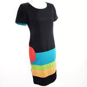Vintage 80s Graphic Colorblock 100% Silk Short Sleeve Sheath Dress Black Size 4